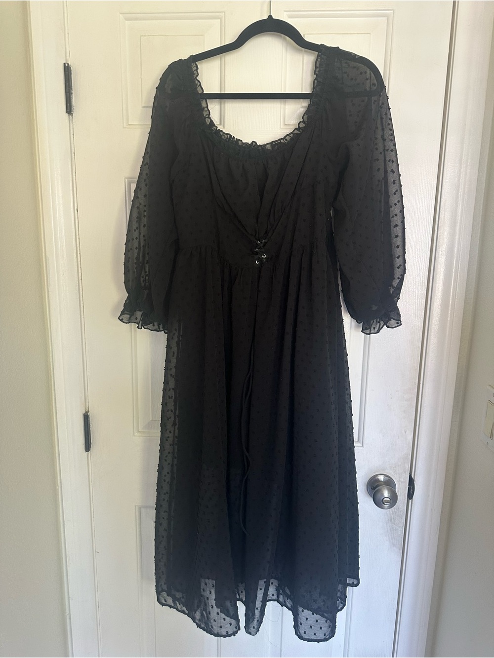 SHEIN Black Semi-Sheer Swiss Dot Midi Dress with Ruffled Neckline